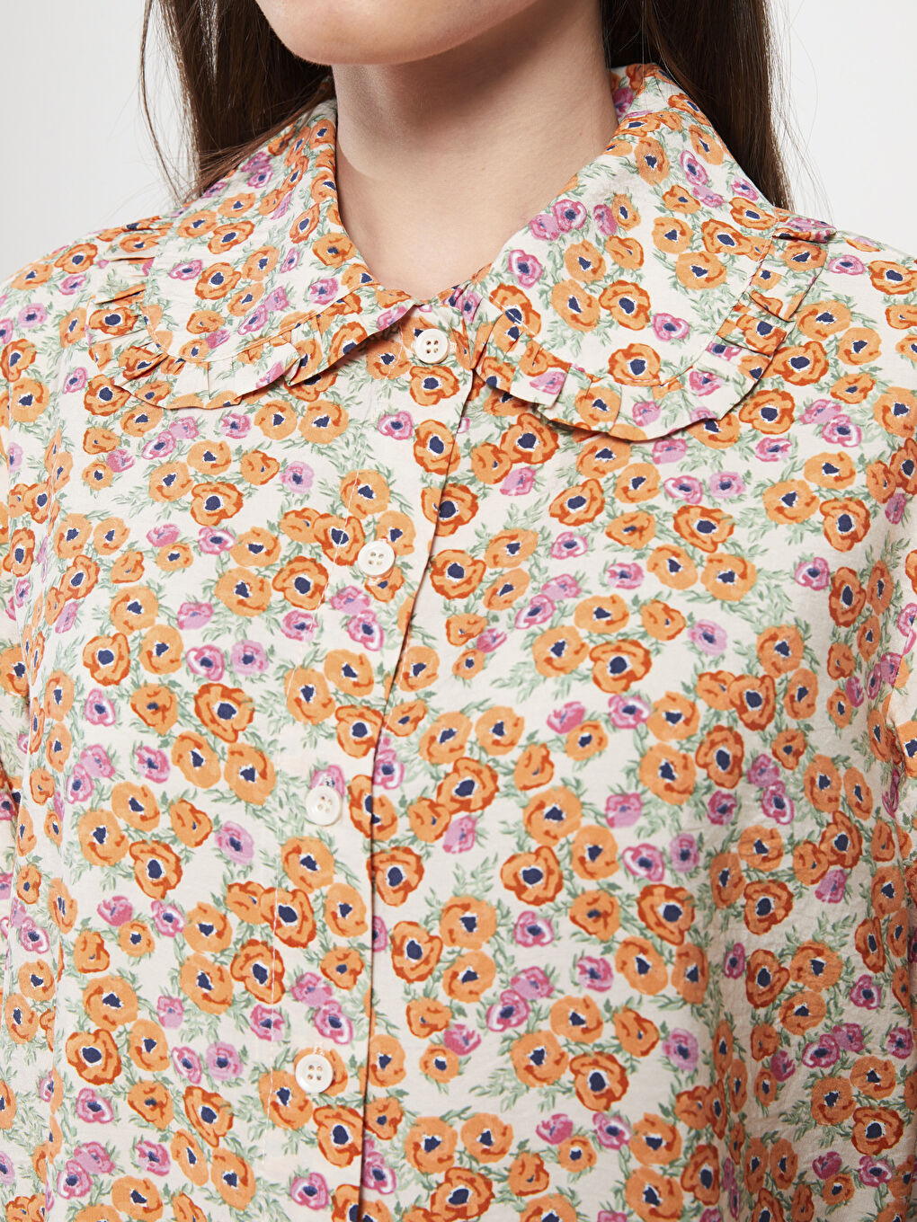 Turuncu Bebe Yaka Çiçekli Uzun Kollu Kadın Tunik-3