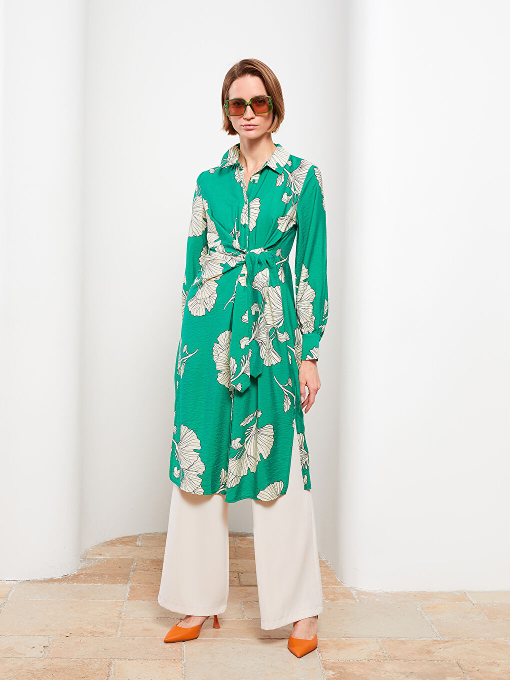 Yeşil Çiçekli Uzun Kollu Kadın Gömlek Tunik-1