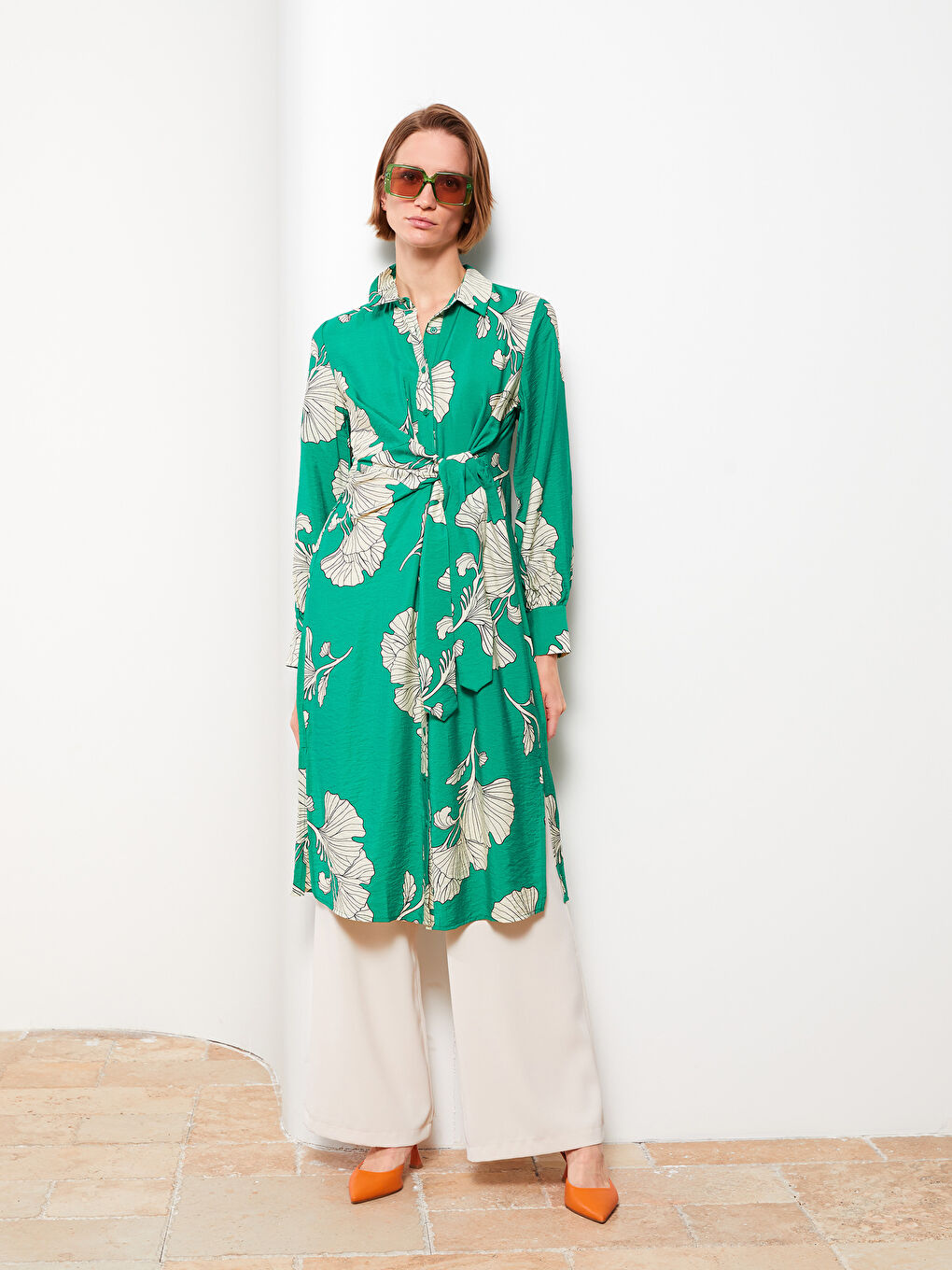 Yeşil Çiçekli Uzun Kollu Kadın Gömlek Tunik-2