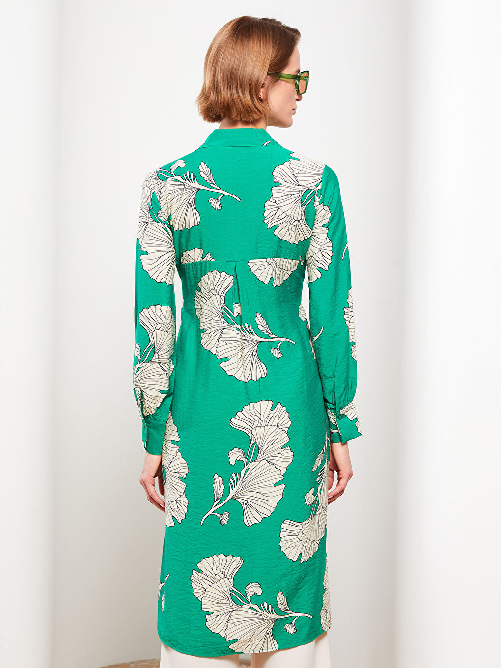 Yeşil Çiçekli Uzun Kollu Kadın Gömlek Tunik-4