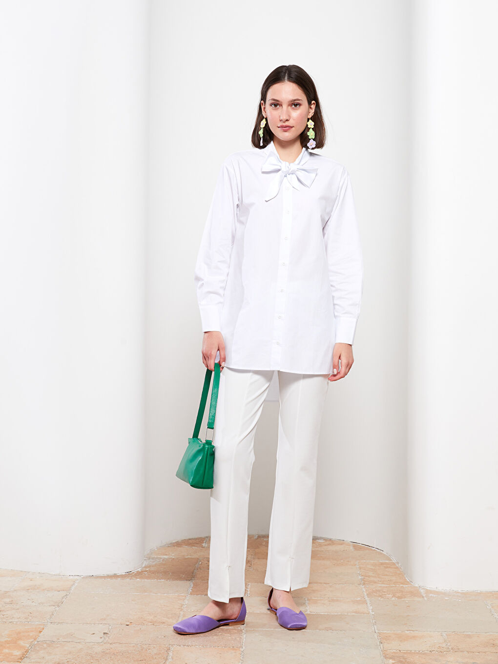 Ekru Bağlamalı Yaka Düz Uzun Kollu Poplin Kadın Tunik-1