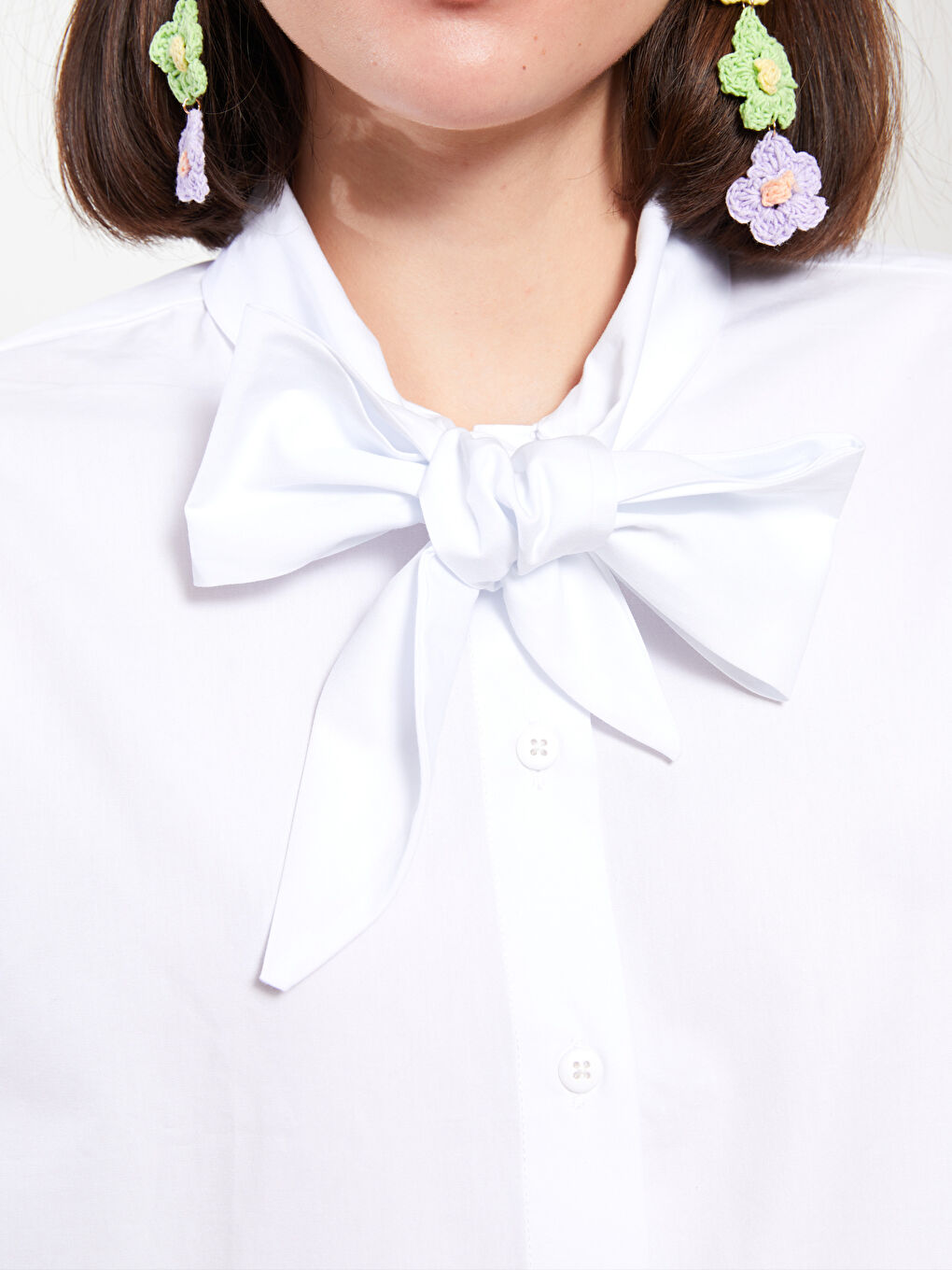 Ekru Bağlamalı Yaka Düz Uzun Kollu Poplin Kadın Tunik-2