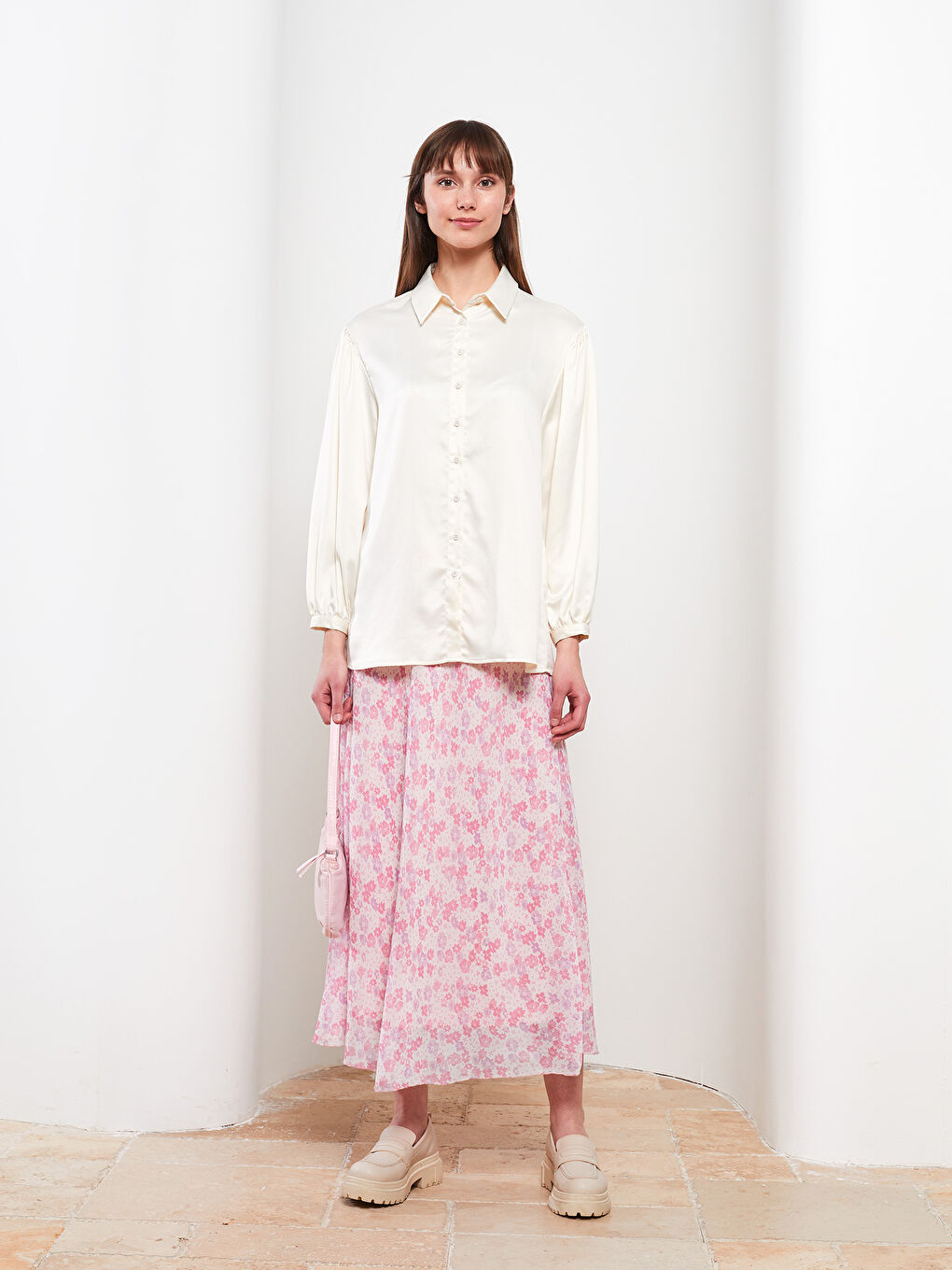 Ekru Düz Uzun Kollu Saten Kadın Gömlek Tunik