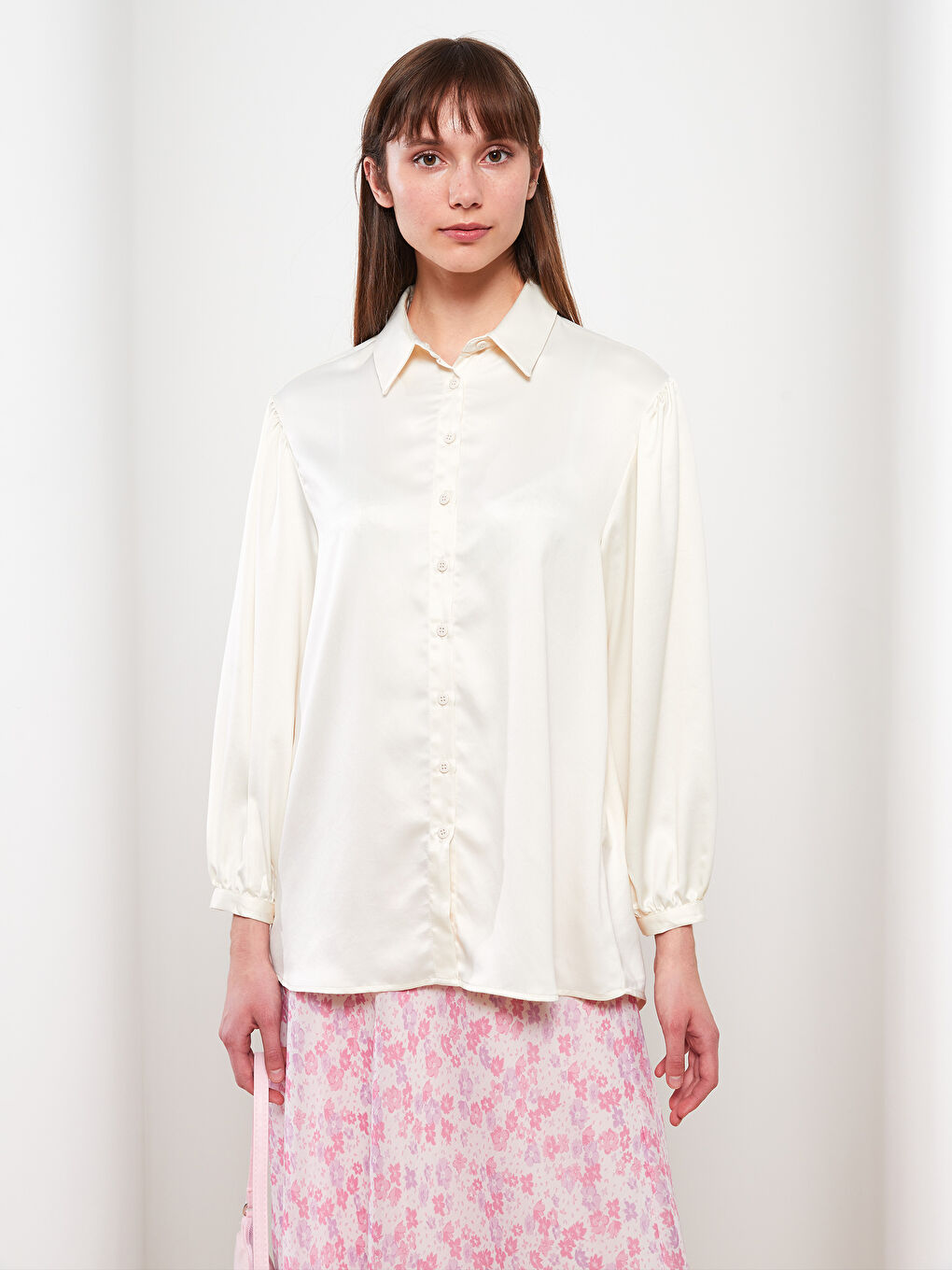 Ekru Düz Uzun Kollu Saten Kadın Gömlek Tunik-1