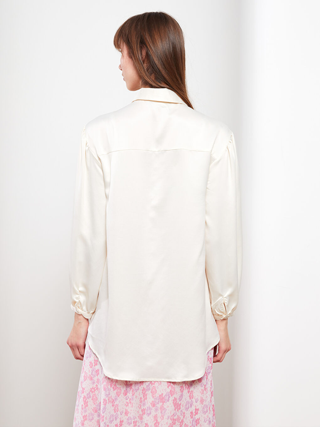 Ekru Düz Uzun Kollu Saten Kadın Gömlek Tunik-3