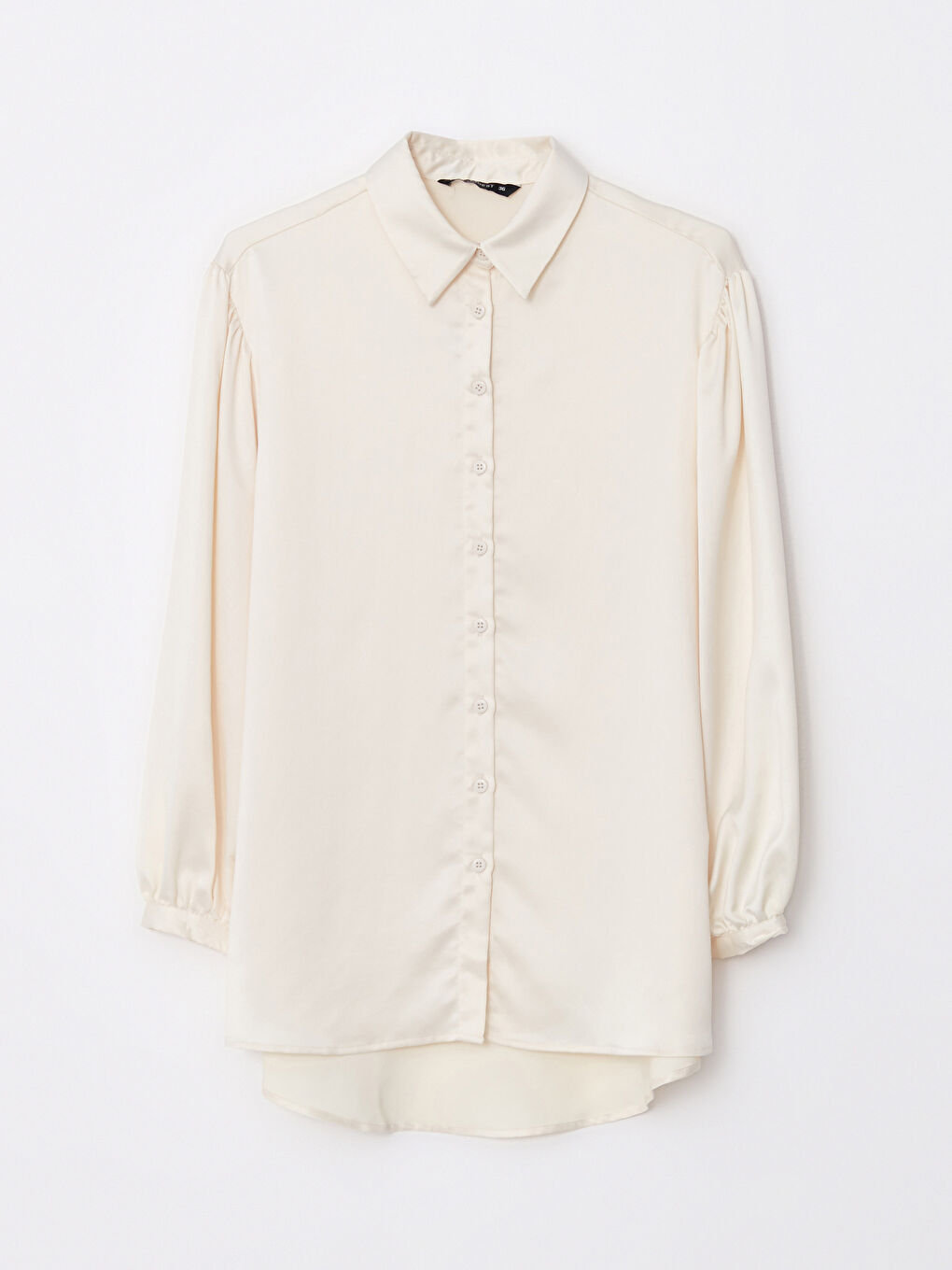 Ekru Düz Uzun Kollu Saten Kadın Gömlek Tunik-4