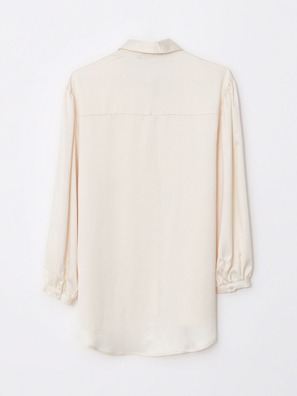 Ekru Düz Uzun Kollu Saten Kadın Gömlek Tunik-5