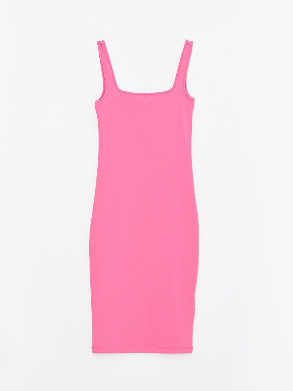 Pembe Kare Yaka Düz Askılı Kadın Bodycon Elbise-5
