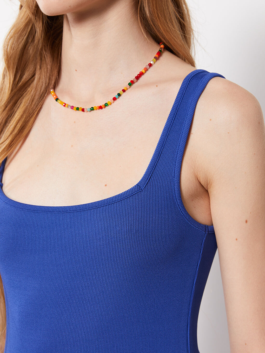 Mavi Kare Yaka Düz Askılı Kadın Bodycon Elbise-3