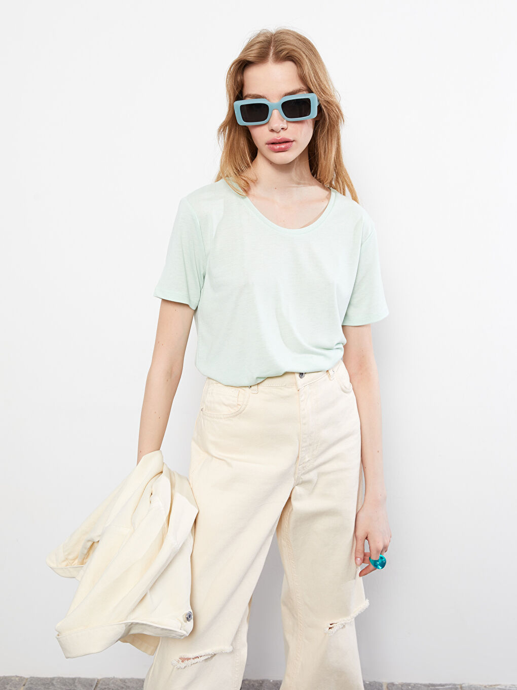 Rundhalsausschnitt Schlicht Kurzarm T-Shirt für Damen-1