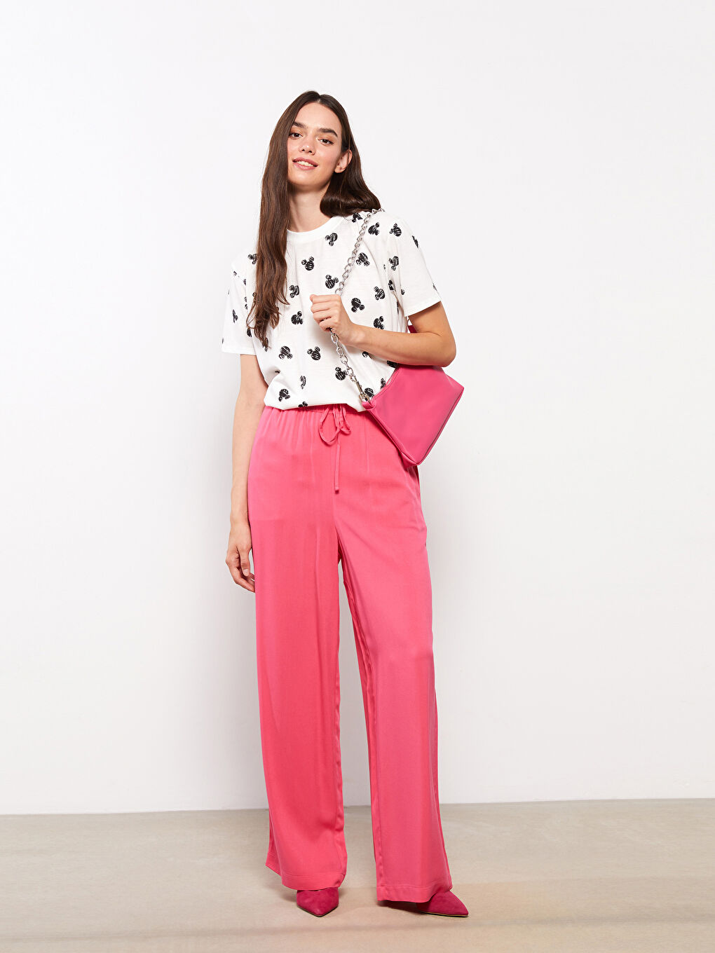Fuşya Beli Lastikli Düz Viskon Kadın Palazzo Pantolon-1