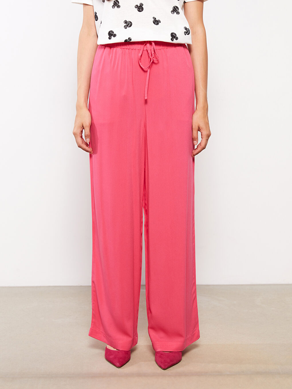 Fuşya Beli Lastikli Düz Viskon Kadın Palazzo Pantolon-2