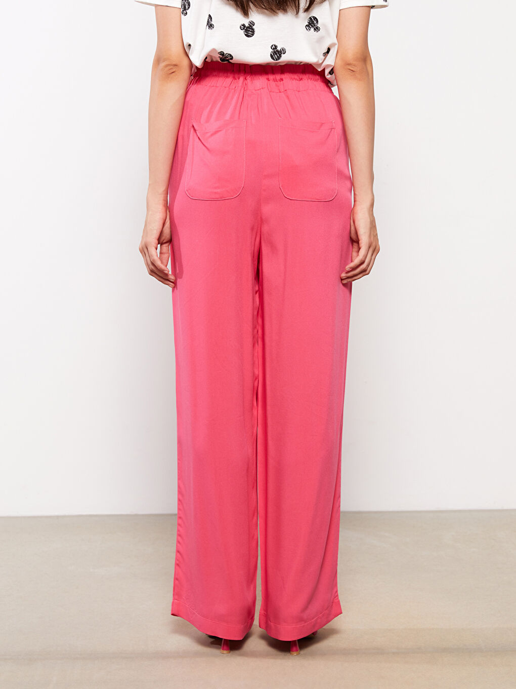 Fuşya Beli Lastikli Düz Viskon Kadın Palazzo Pantolon-4