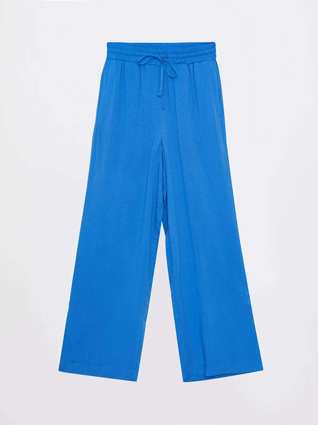 Mavi Beli Lastikli Düz Viskon Kadın Palazzo Pantolon-5