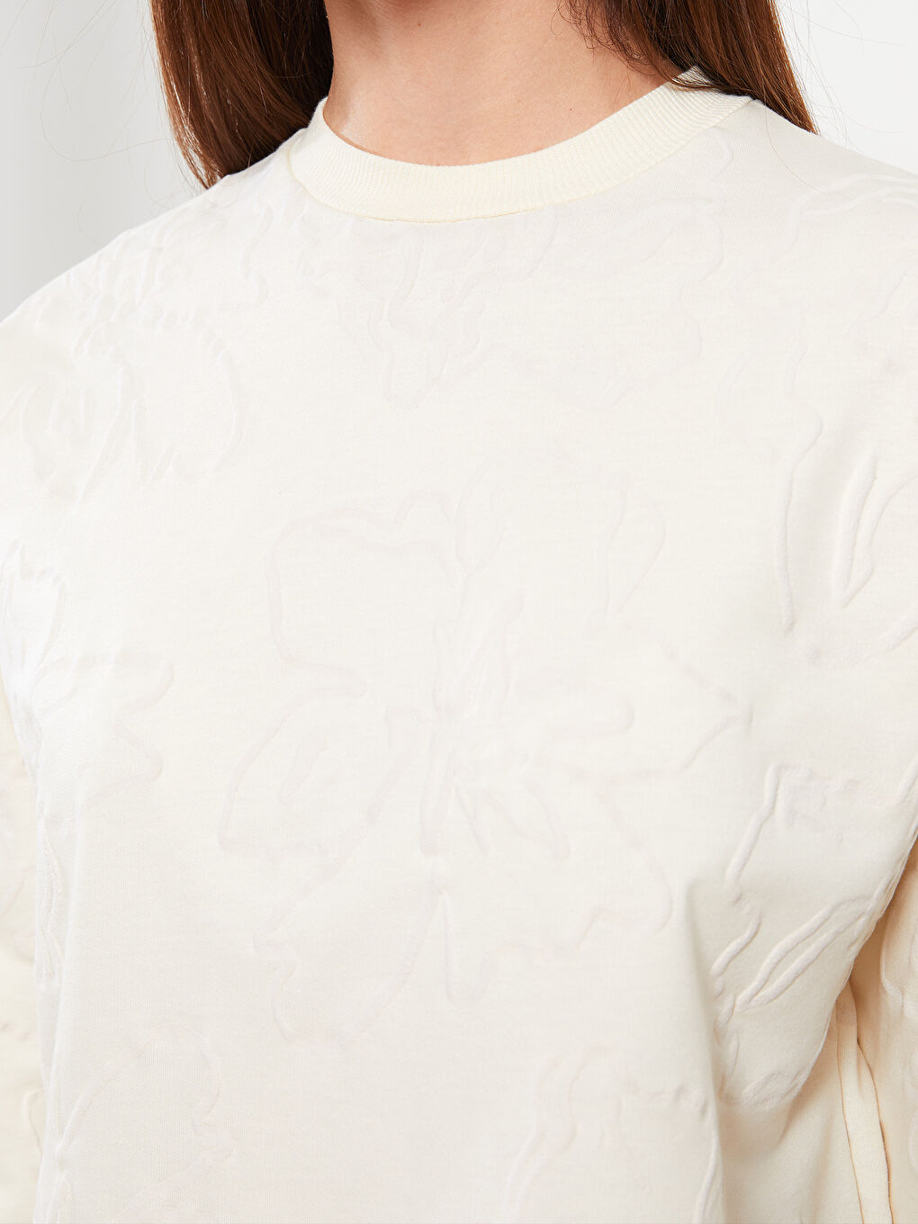 Ekru Bisiklet Yaka Kendinden Desenli Uzun Kollu Kadın Sweatshirt Tunik-2