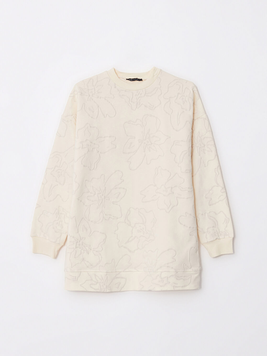 Ekru Bisiklet Yaka Kendinden Desenli Uzun Kollu Kadın Sweatshirt Tunik-4