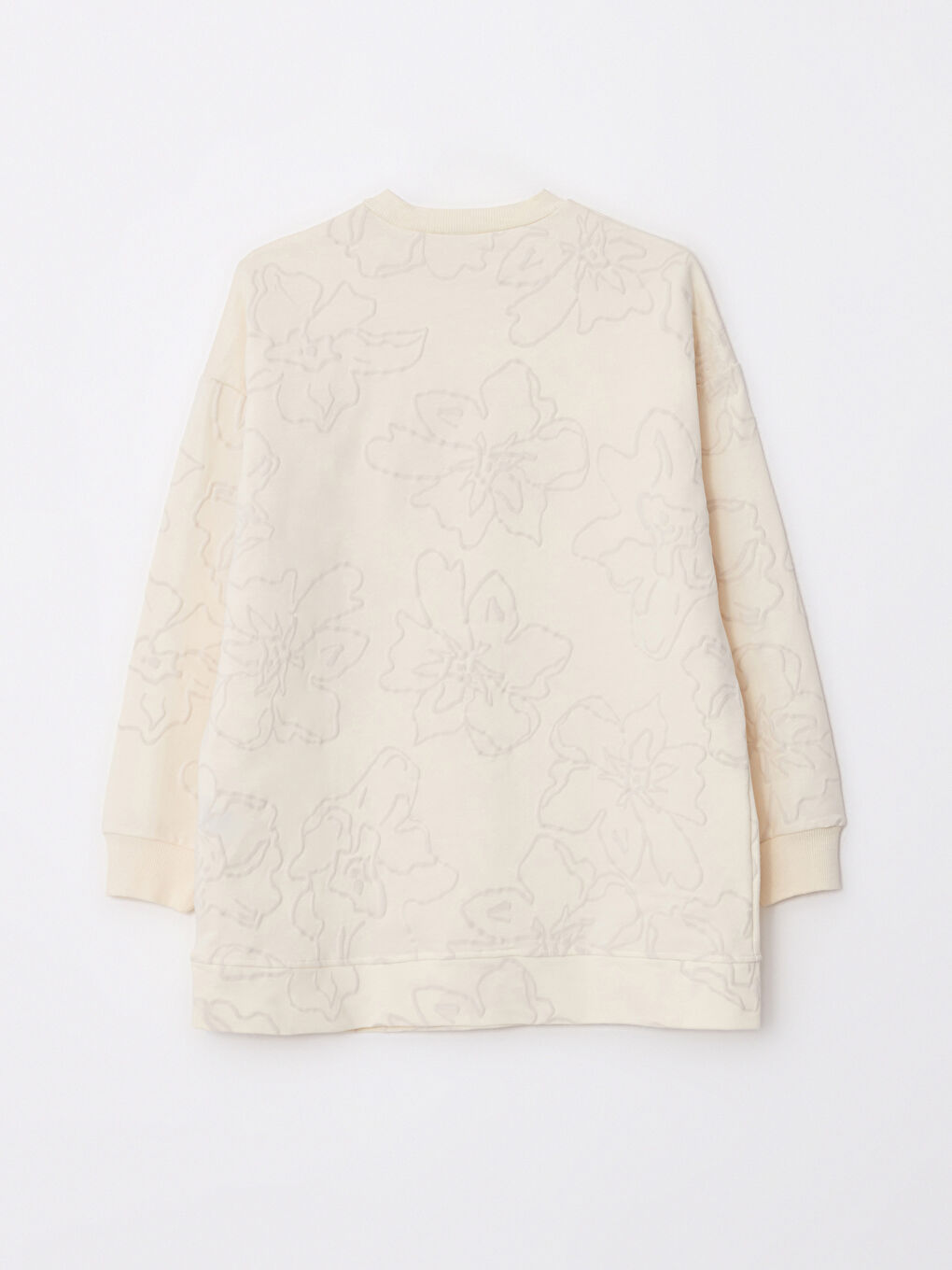 Ekru Bisiklet Yaka Kendinden Desenli Uzun Kollu Kadın Sweatshirt Tunik-5