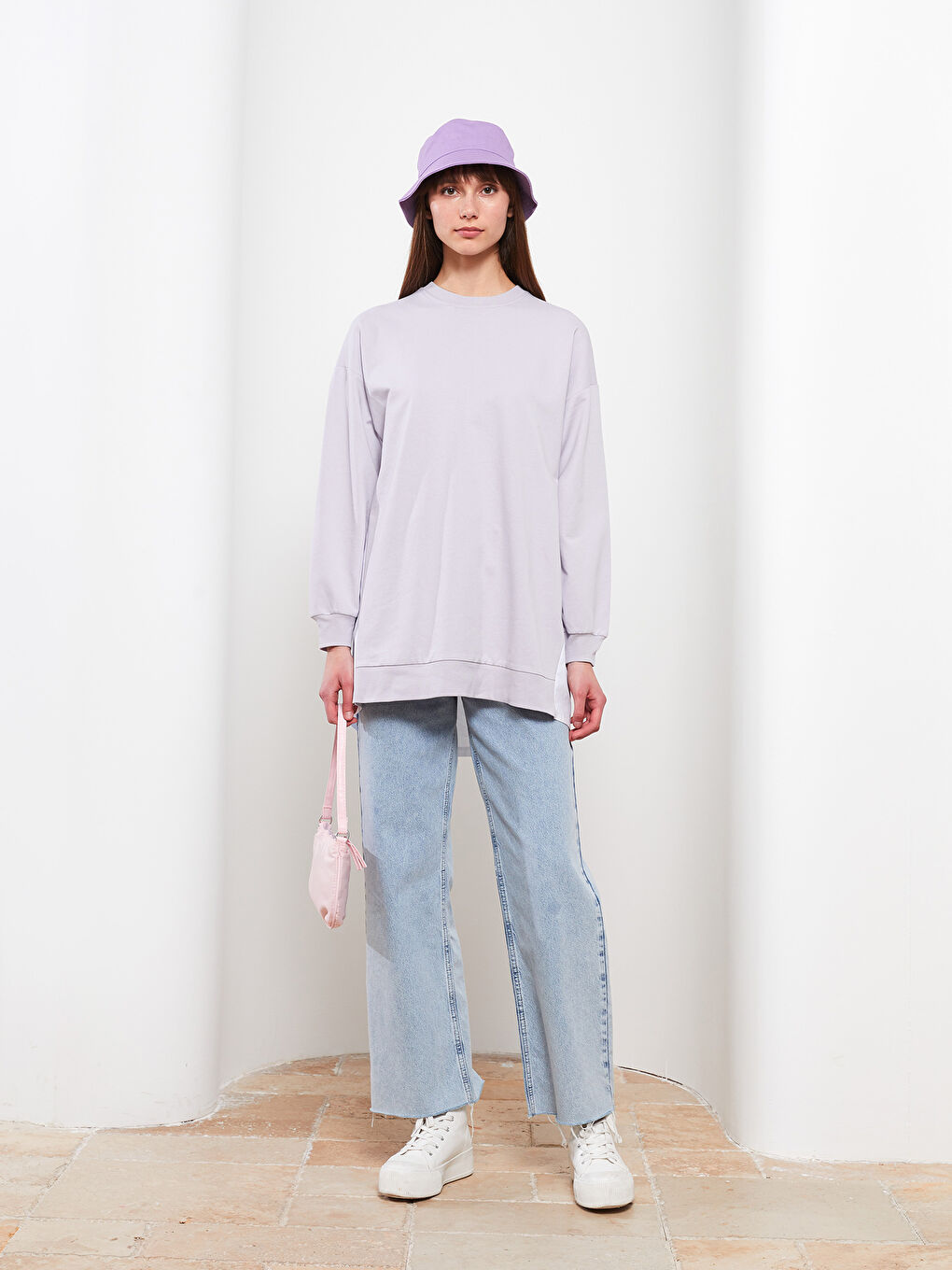 Lila Bisiklet Yaka Renk Bloklu Uzun Kollu Kadın Sweatshirt Tunik-1