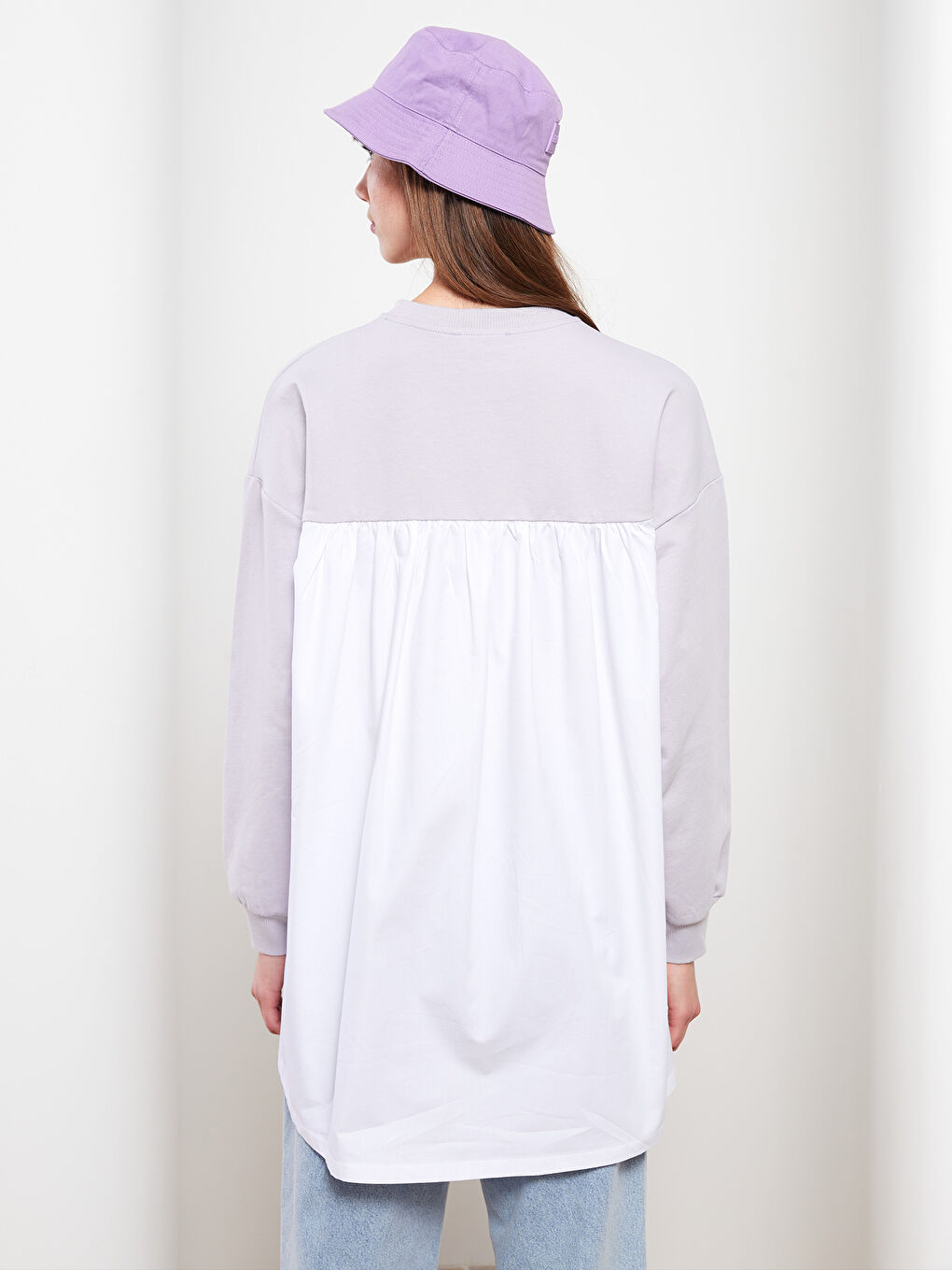 Lila Bisiklet Yaka Renk Bloklu Uzun Kollu Kadın Sweatshirt Tunik-3