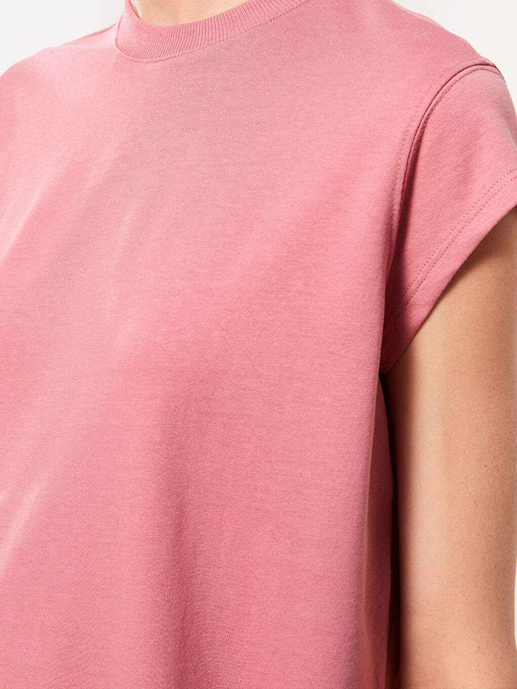 Pembe Bisiklet Yaka Düz Kısa Kollu Kadın Tunik-3