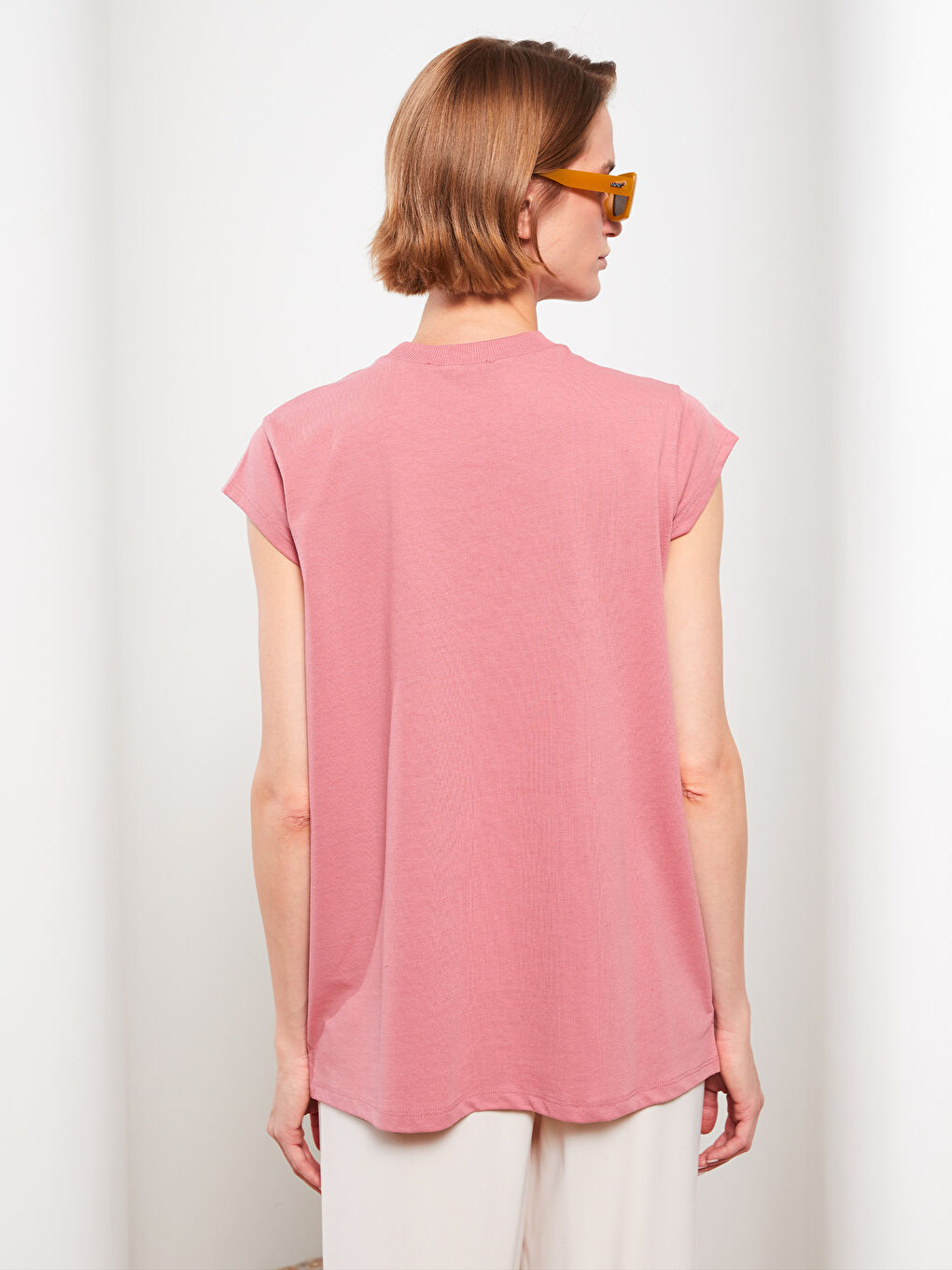 Pembe Bisiklet Yaka Düz Kısa Kollu Kadın Tunik-4