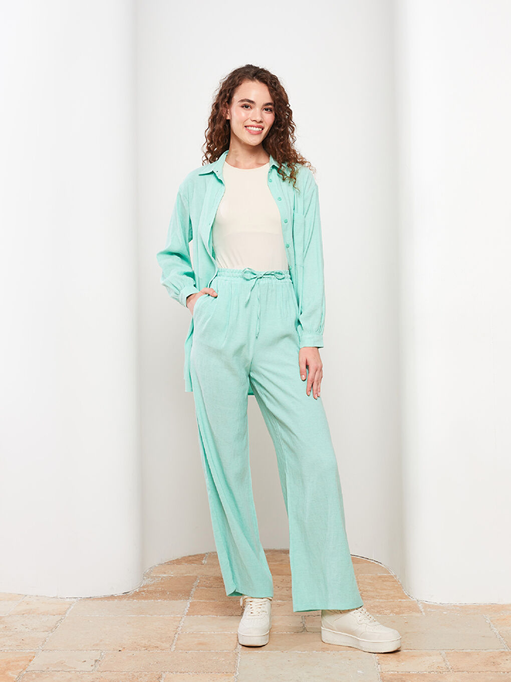 Yeşil Kadın Beli Lastikli Rahat Kalıp Düz Pantolon-1