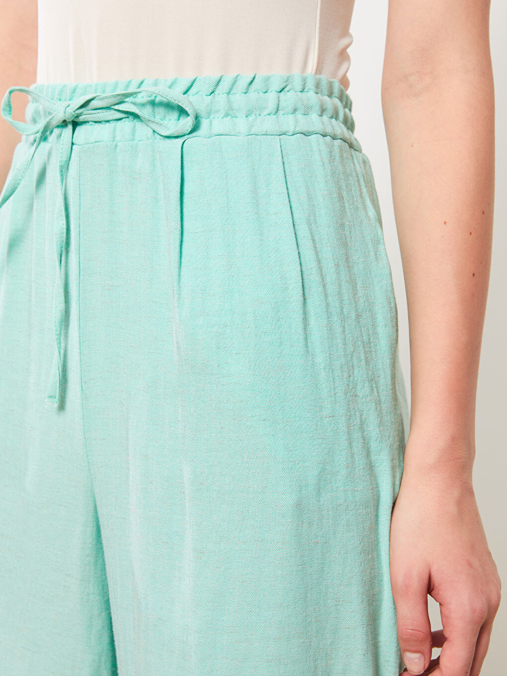 Yeşil Kadın Beli Lastikli Rahat Kalıp Düz Pantolon-2