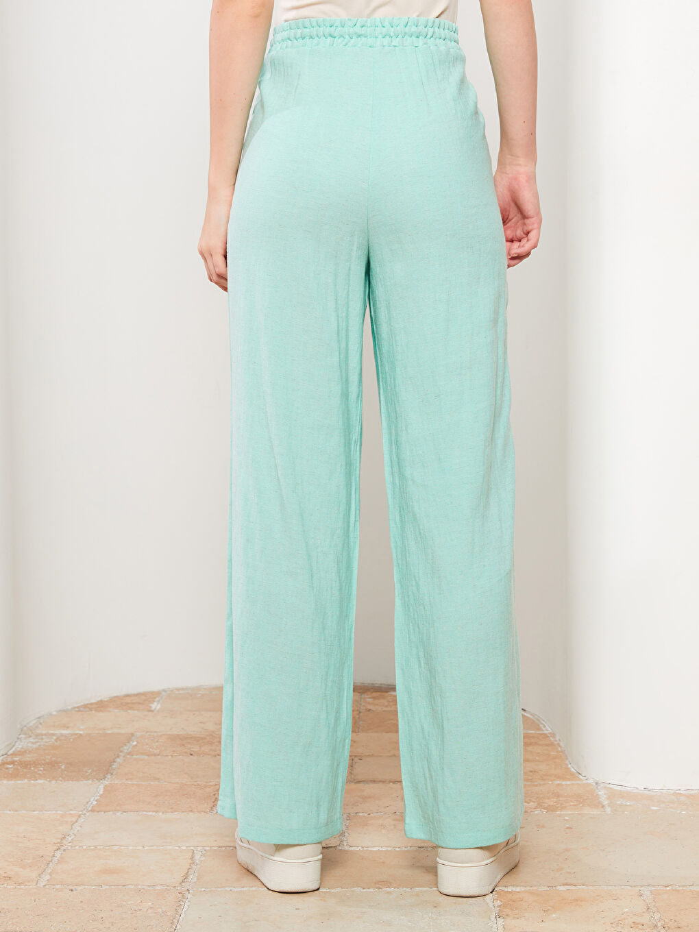 Yeşil Kadın Beli Lastikli Rahat Kalıp Düz Pantolon-4