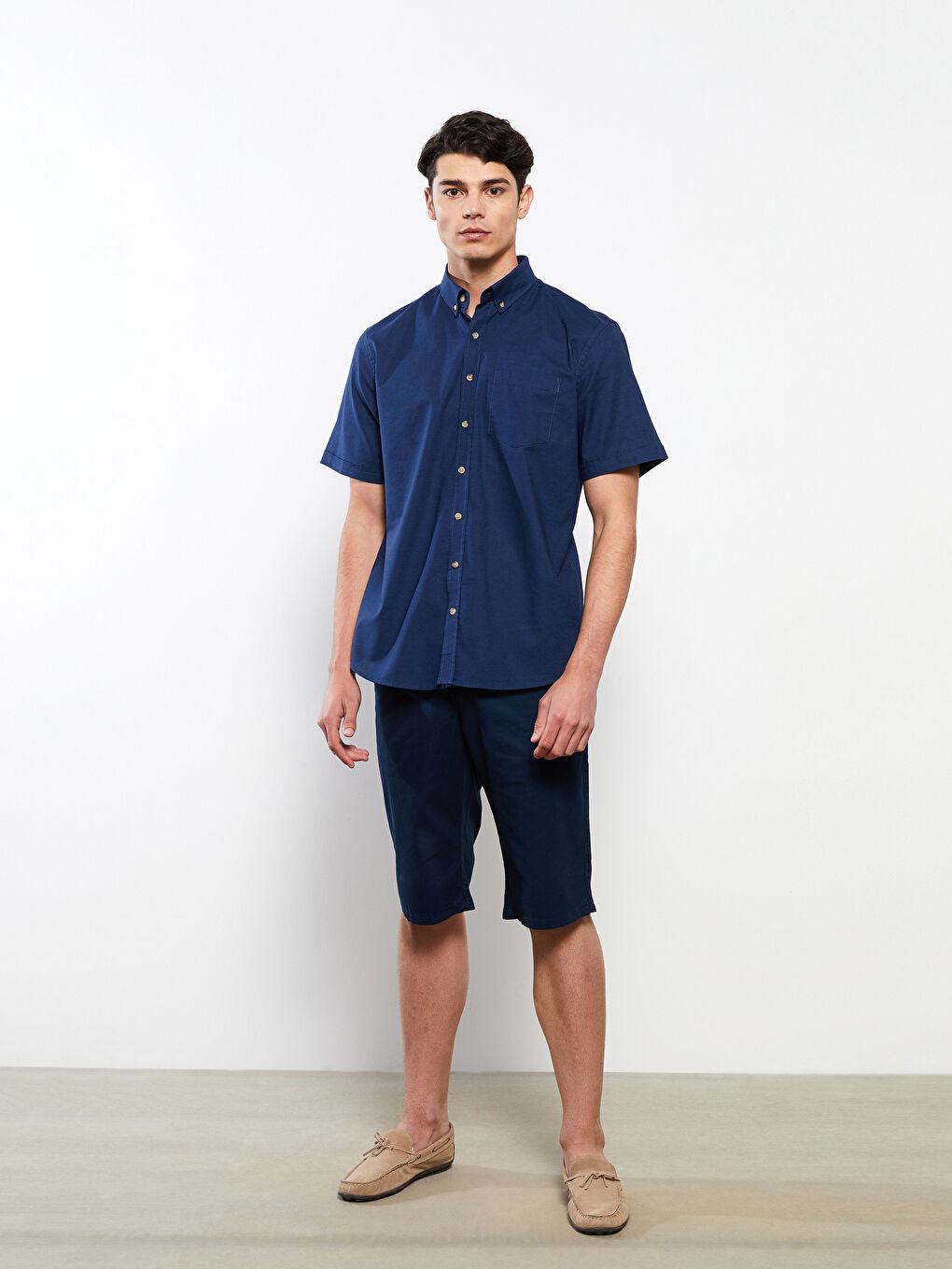 Lacivert Regular Fit Kısa Kollu Poplin Erkek Gömlek-1