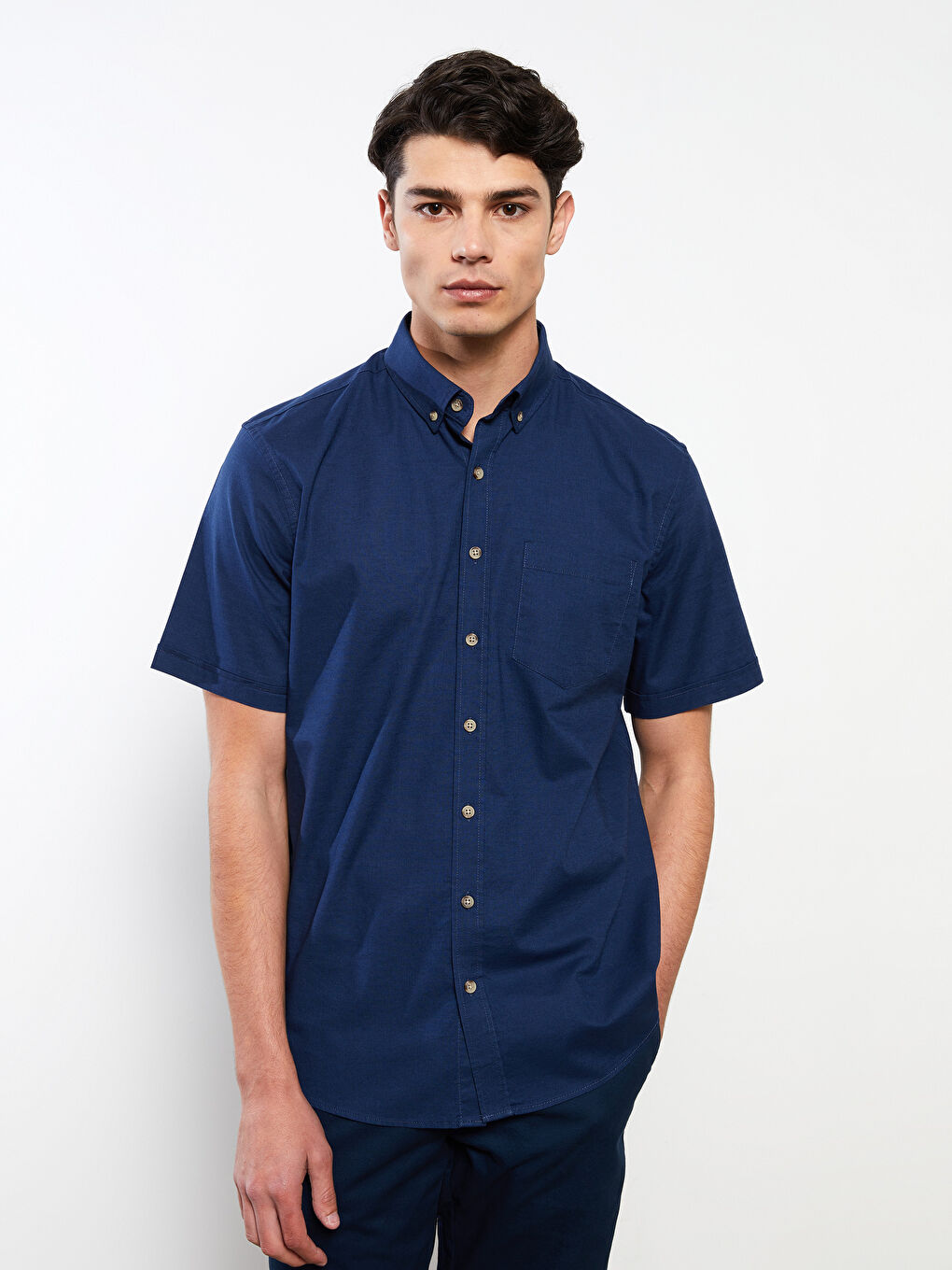 Lacivert Regular Fit Kısa Kollu Poplin Erkek Gömlek-2
