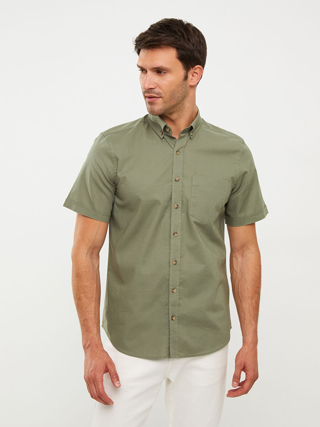 Yeşil Regular Fit Kısa Kollu Poplin Erkek Gömlek