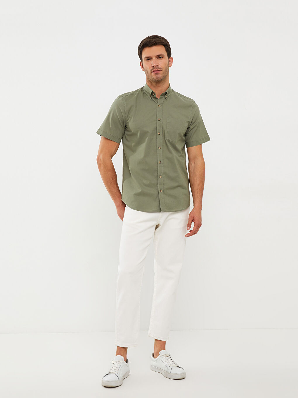 Yeşil Regular Fit Kısa Kollu Poplin Erkek Gömlek-1