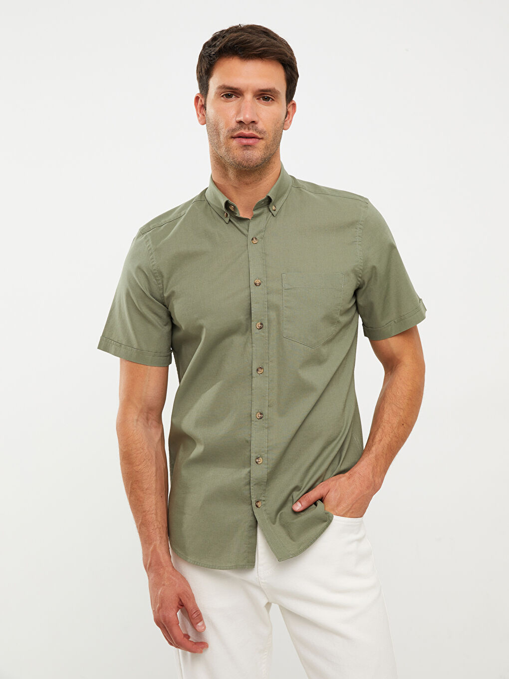 Yeşil Regular Fit Kısa Kollu Poplin Erkek Gömlek-2