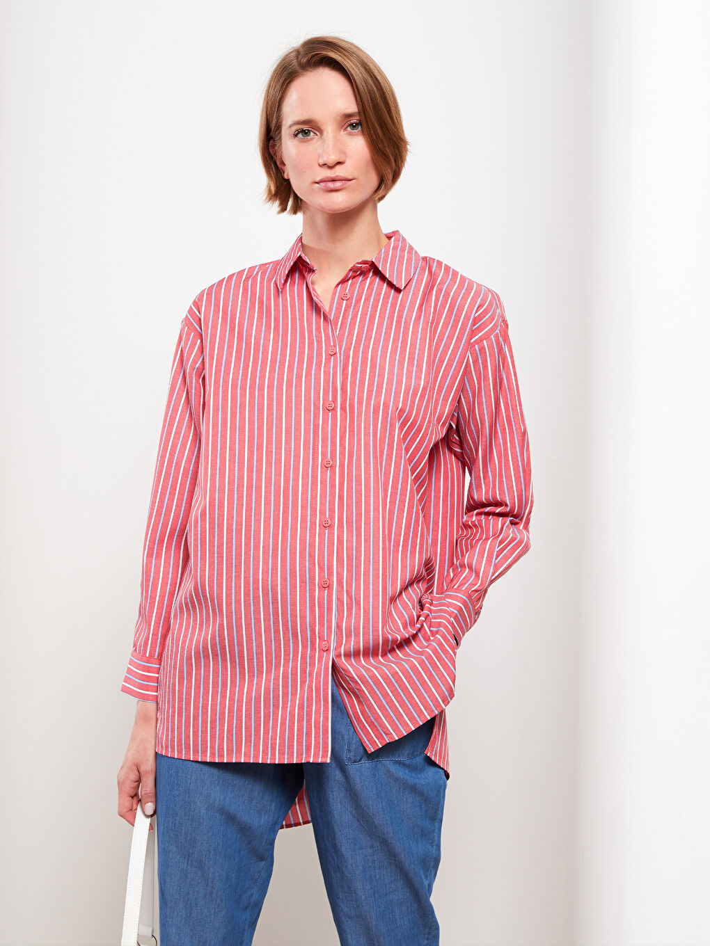 Kırmızı Çizgili Oversize Kadın Gömlek Tunik
