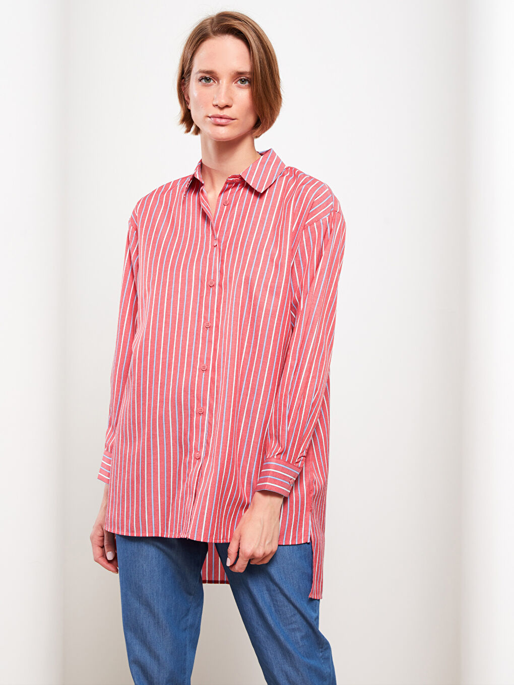 Kırmızı Çizgili Oversize Kadın Gömlek Tunik-1