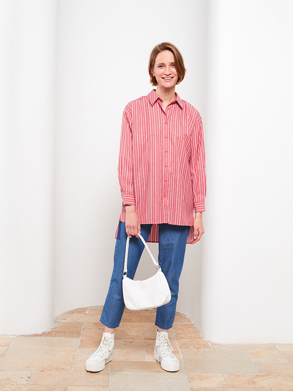 Kırmızı Çizgili Oversize Kadın Gömlek Tunik-2