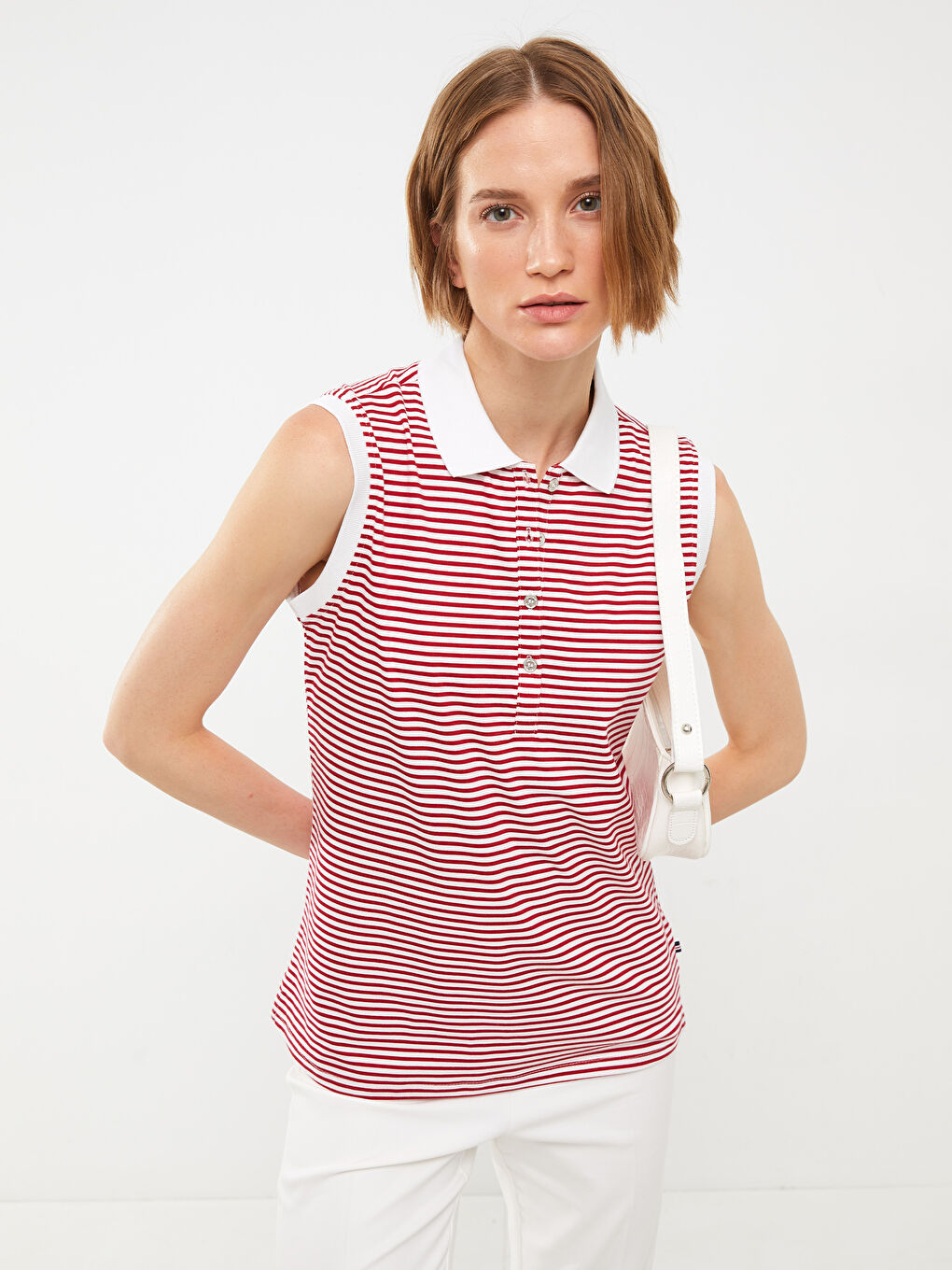 Kırmızı Polo Yaka Çizgili Pamuklu Kadın Atlet