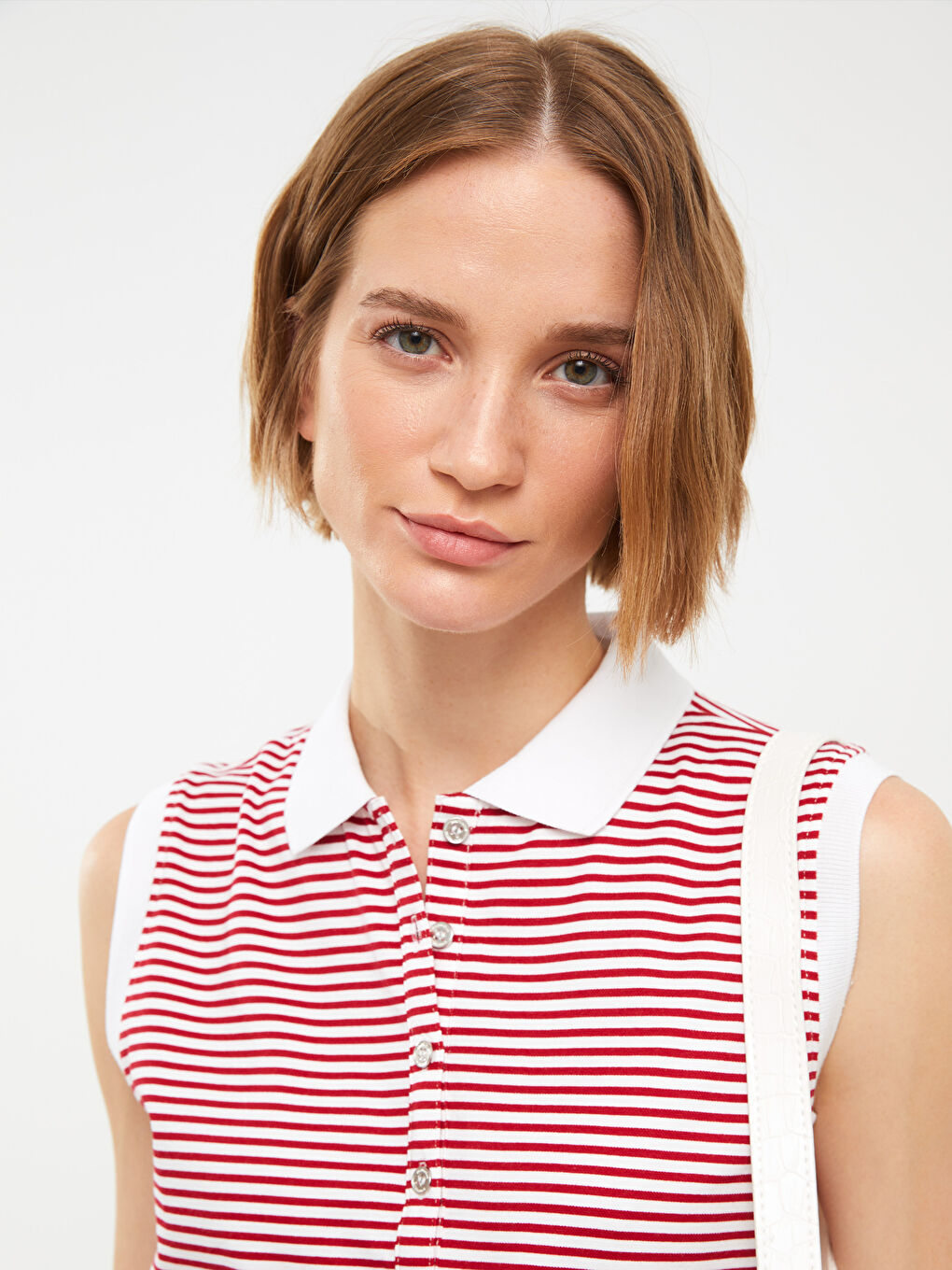 Kırmızı Polo Yaka Çizgili Pamuklu Kadın Atlet-1