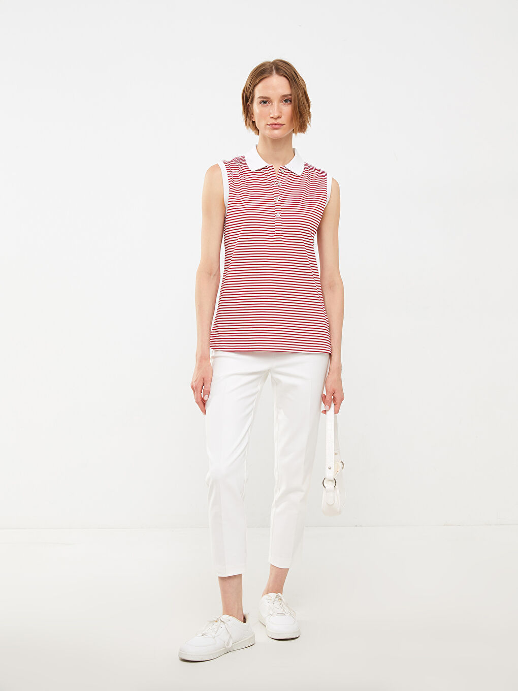 Kırmızı Polo Yaka Çizgili Pamuklu Kadın Atlet-2