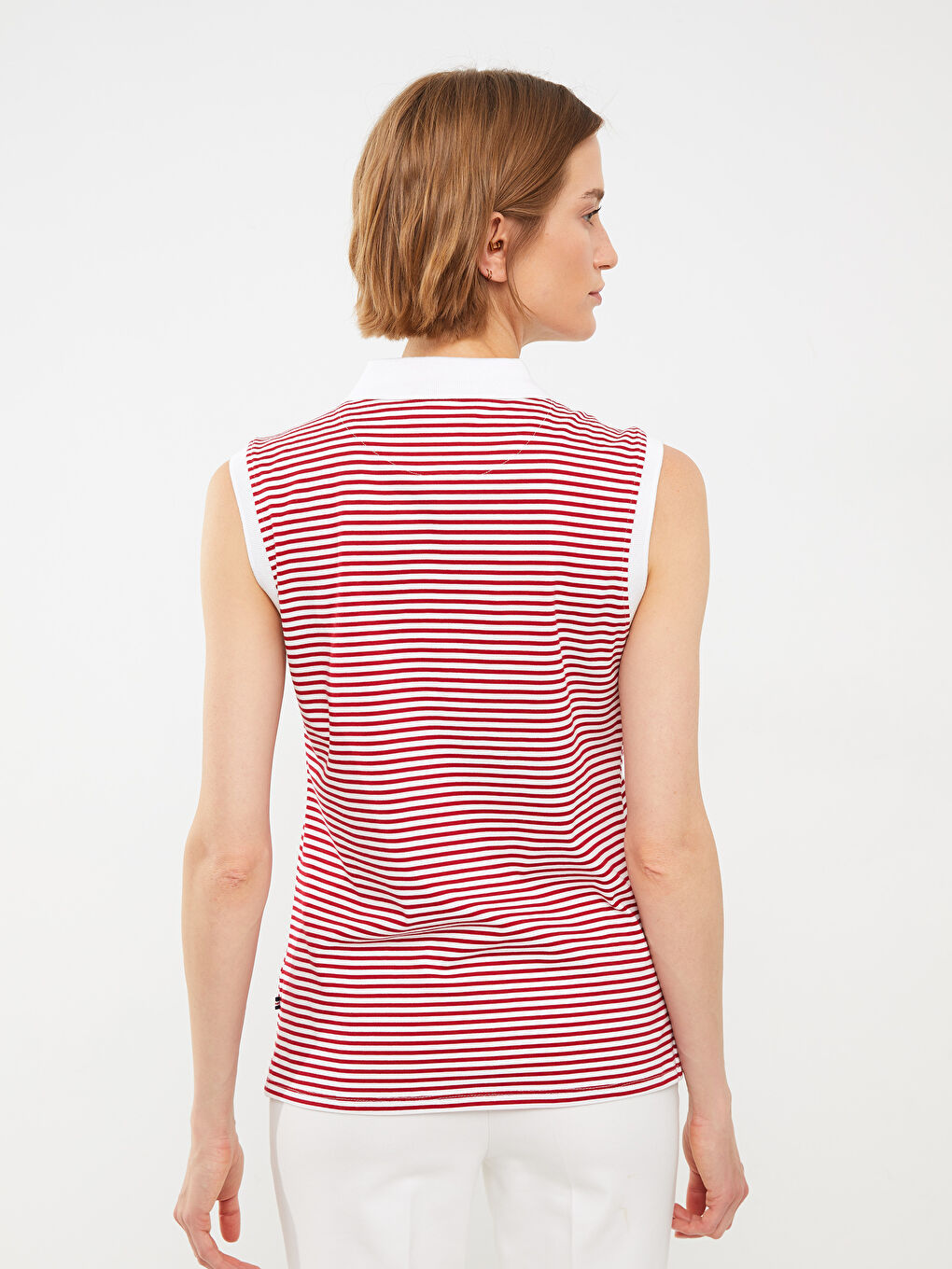 Kırmızı Polo Yaka Çizgili Pamuklu Kadın Atlet-4