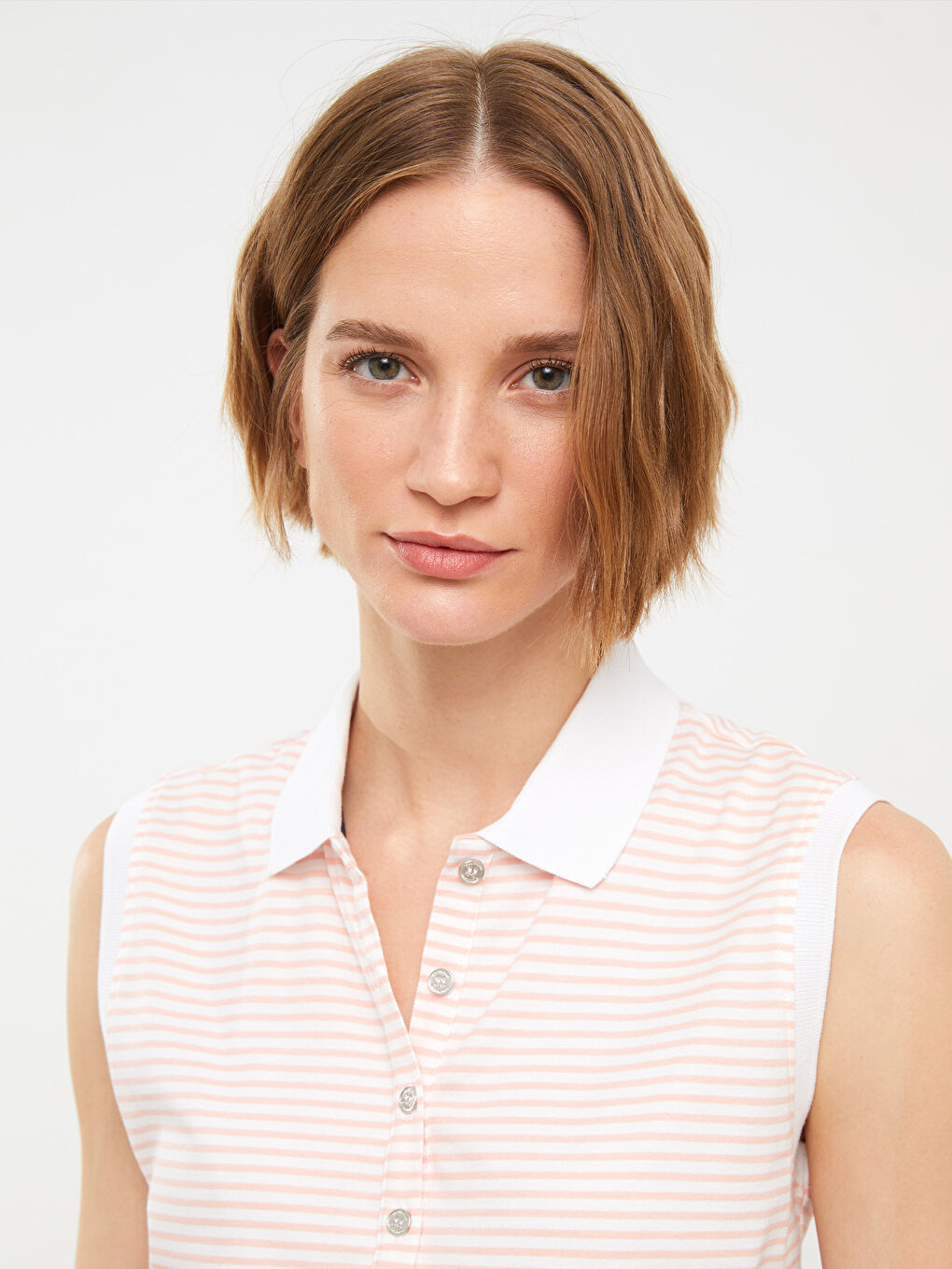 Pembe Polo Yaka Çizgili Pamuklu Kadın Atlet-1