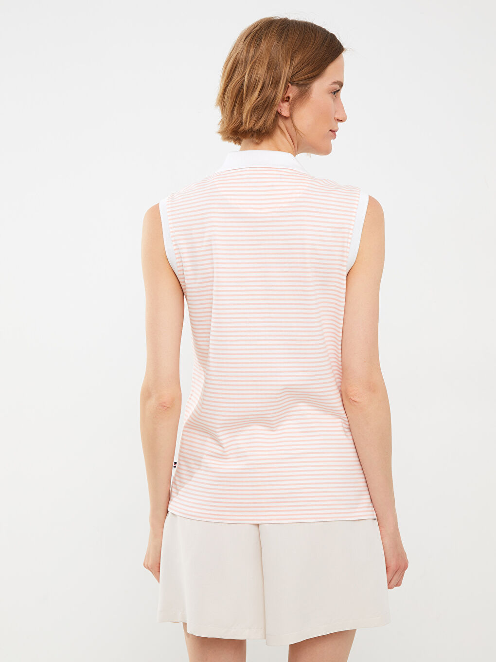 Pembe Polo Yaka Çizgili Pamuklu Kadın Atlet-3