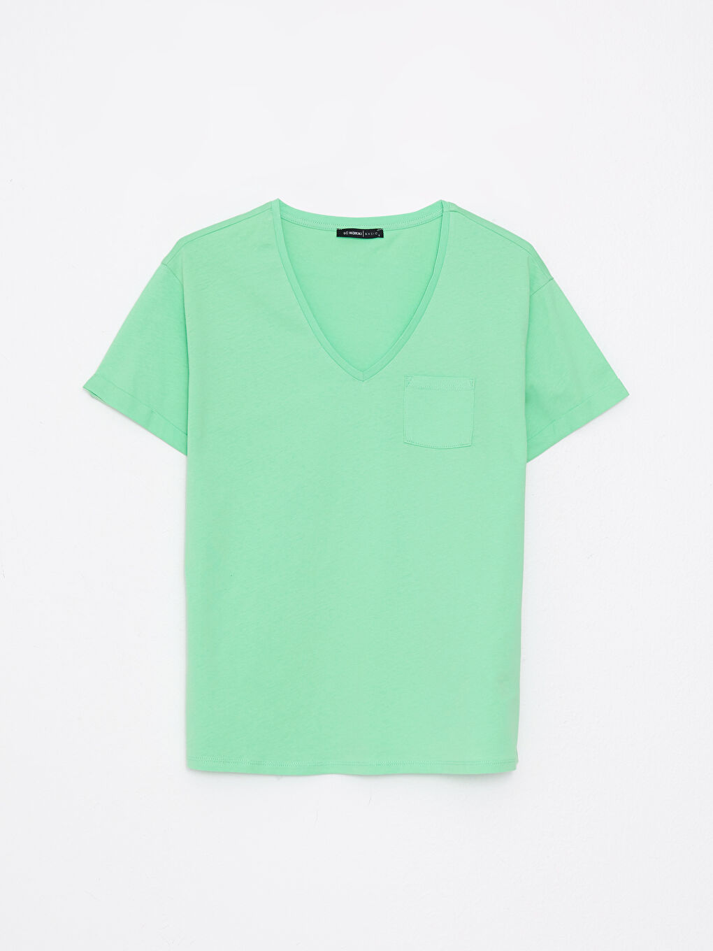 Yeşil V Yaka Düz Kısa Kollu Pamuklu Kadın Tişört-4