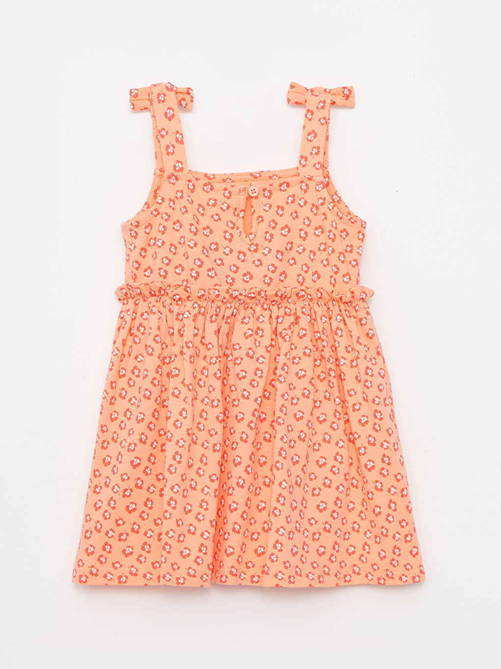 Mercan U Yaka Askılı Baskılı Kız Bebek Elbise-1