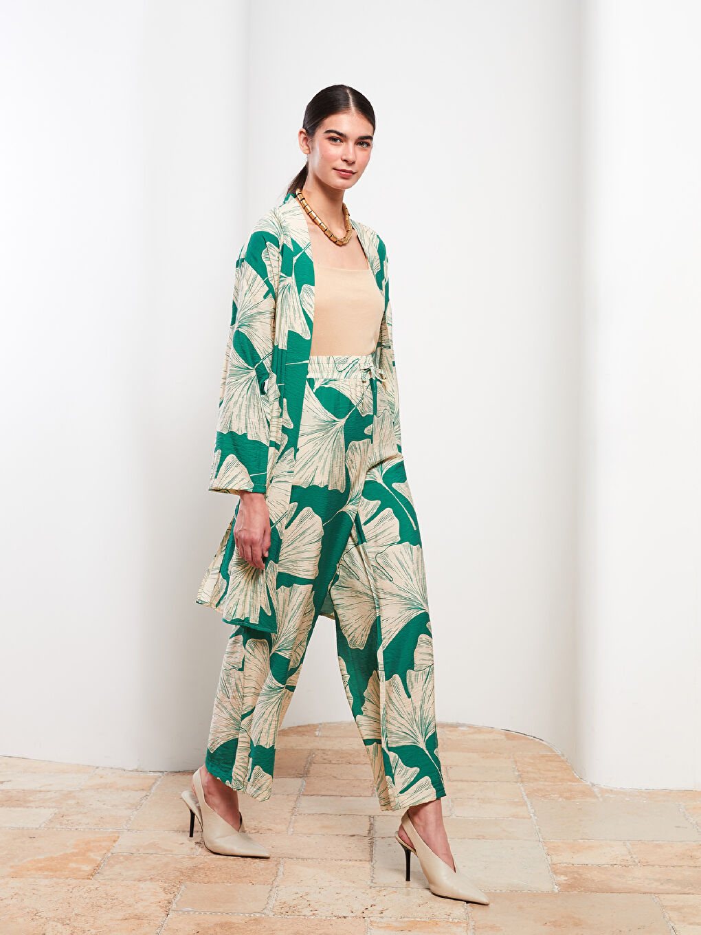 Yeşil Beli Lastikli Desenli Kadın Pantolon