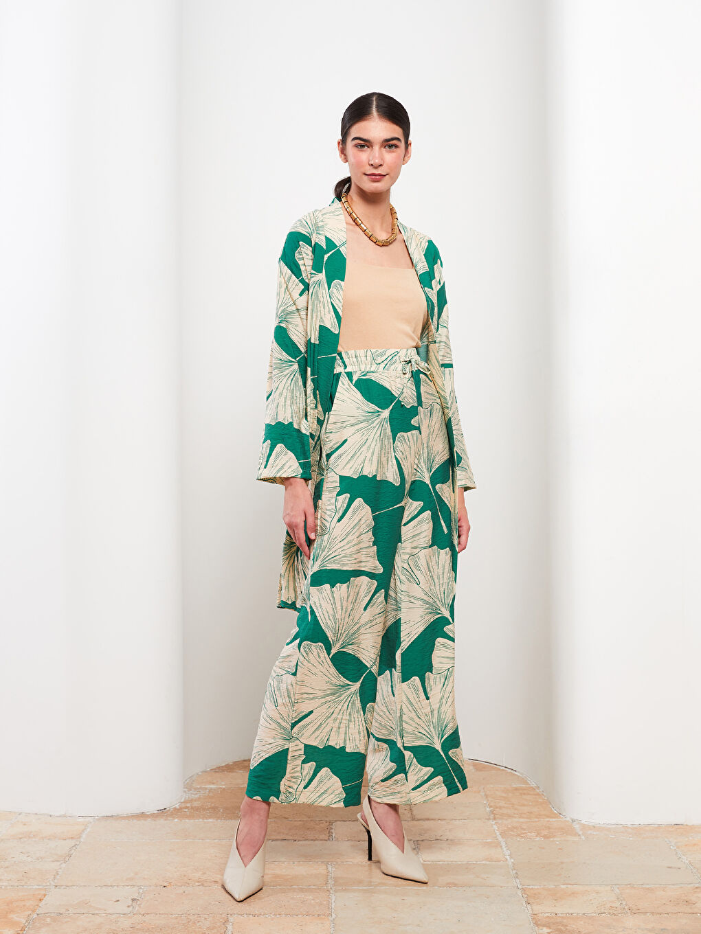 Yeşil Beli Lastikli Desenli Kadın Pantolon-1