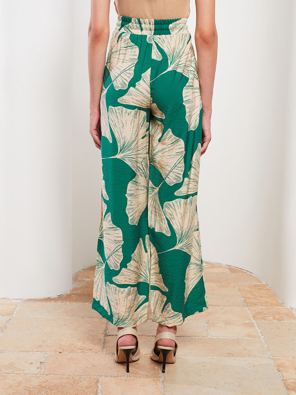 Yeşil Beli Lastikli Desenli Kadın Pantolon-4