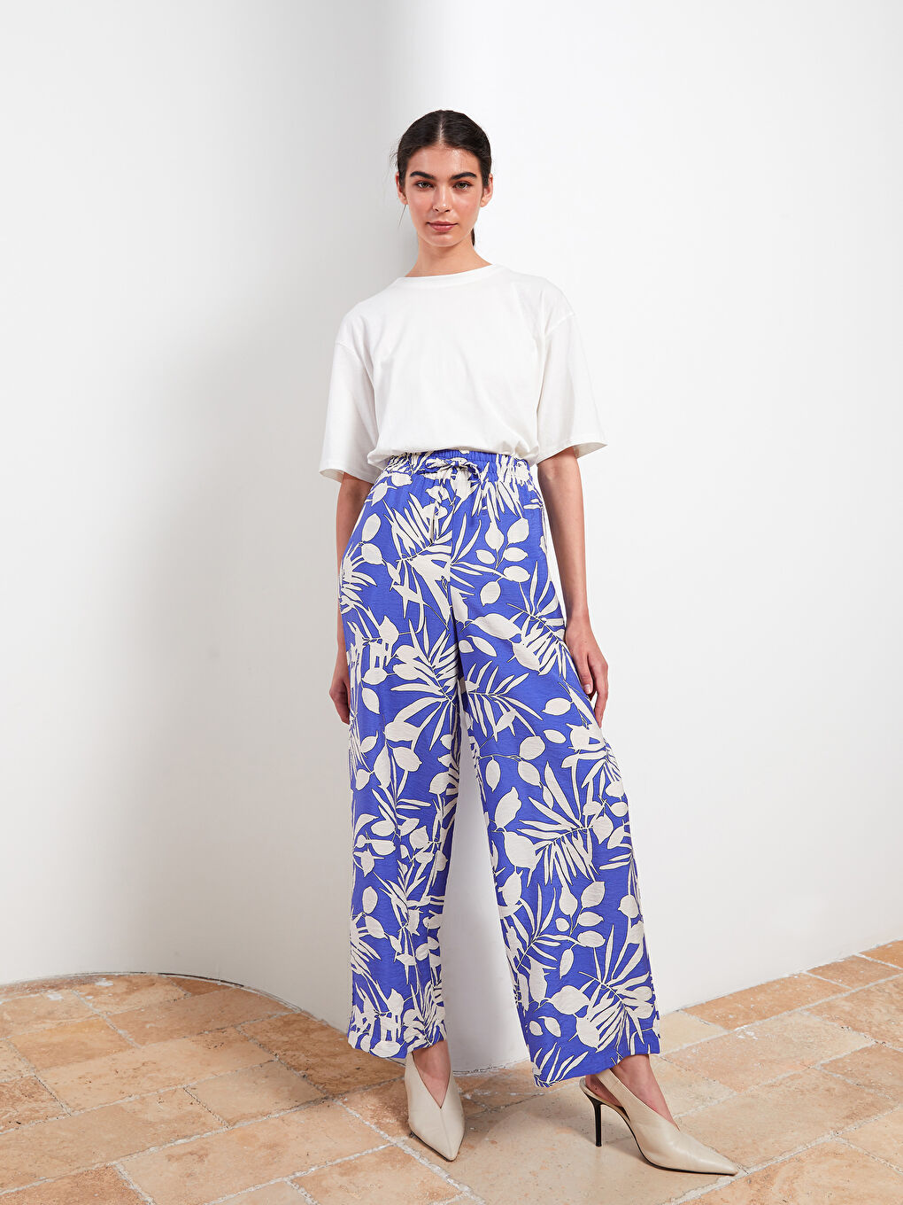 Turkuaz Beli Lastikli Desenli Kadın Pantolon