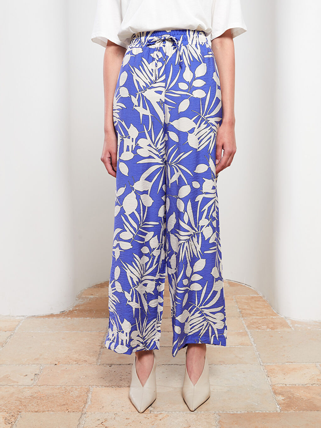 Turkuaz Beli Lastikli Desenli Kadın Pantolon-3