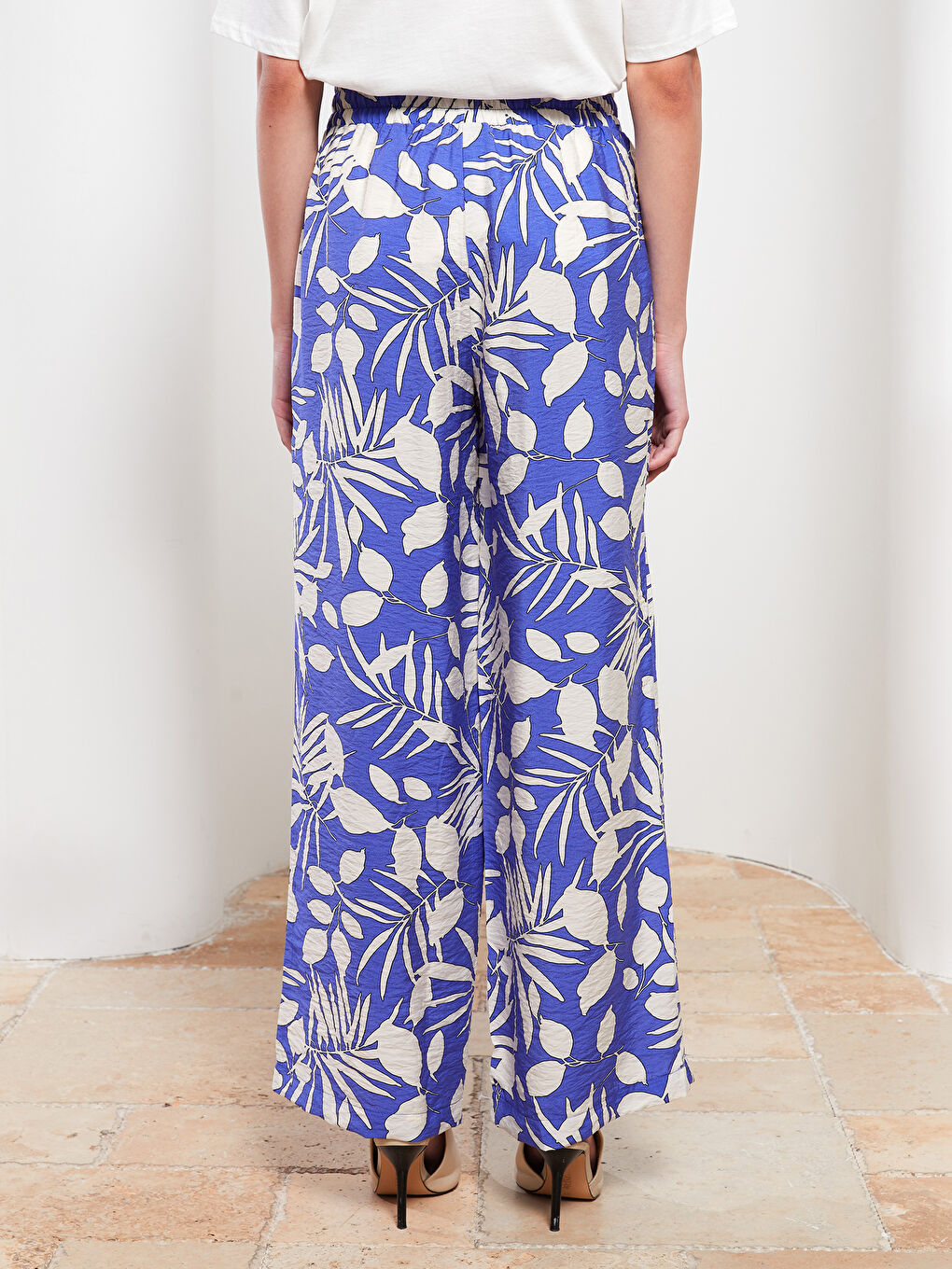 Turkuaz Beli Lastikli Desenli Kadın Pantolon-4